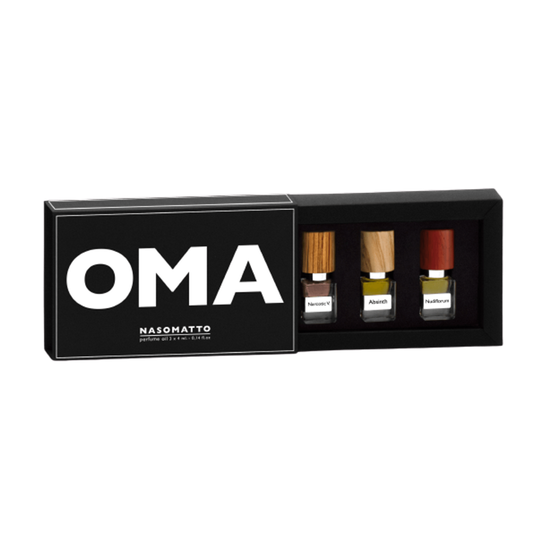 Cofanetto OMA con minitaglie estratti di profumo roll-on oil di NasoMatto