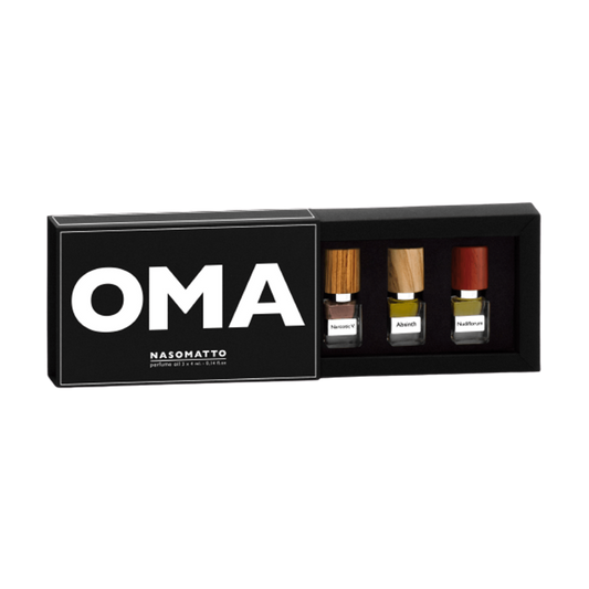 Cofanetto OMA con minitaglie estratti di profumo roll-on oil di NasoMatto 